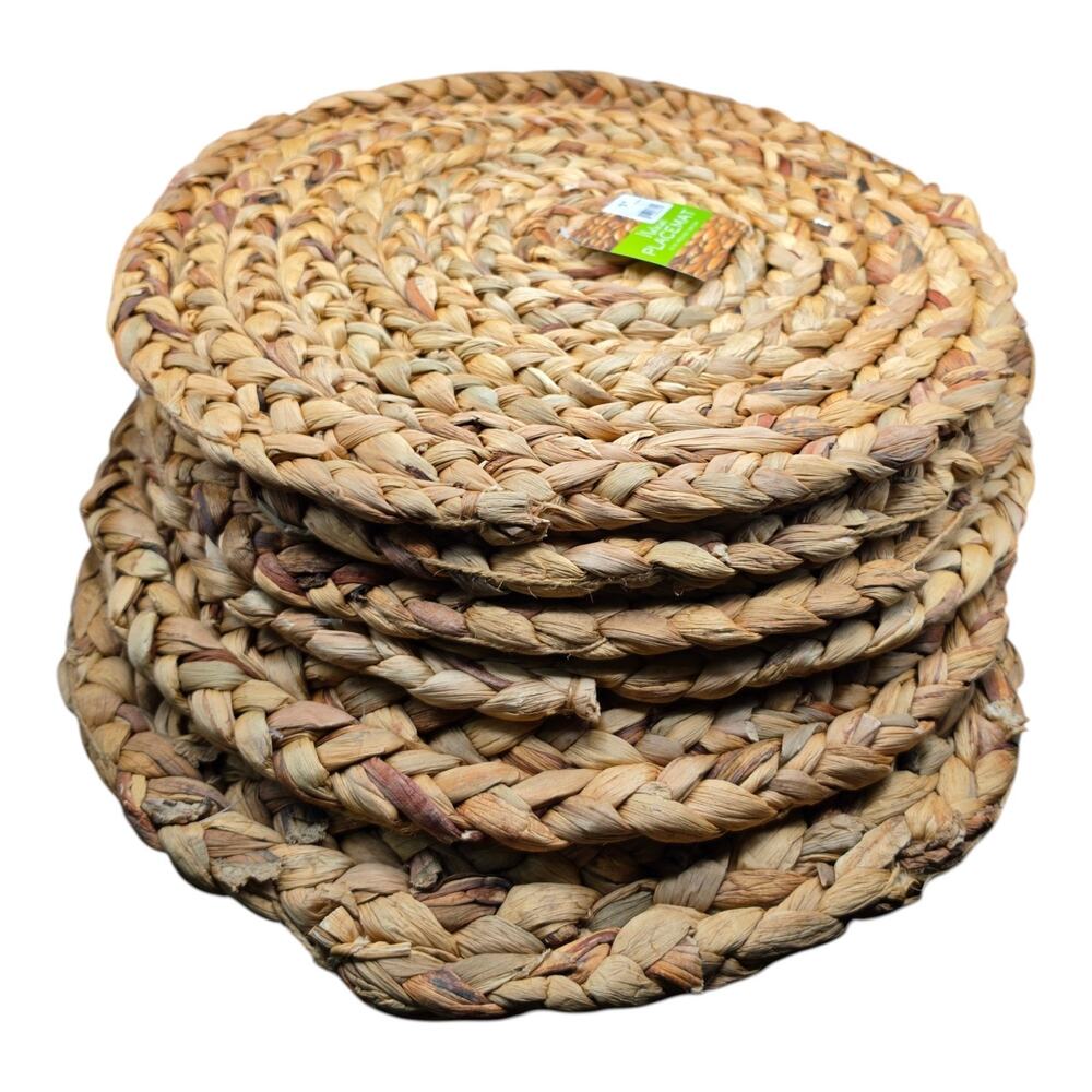 Set of 6 At Home Natural Water Hyacinth Round Placemats 15" Woven Boho